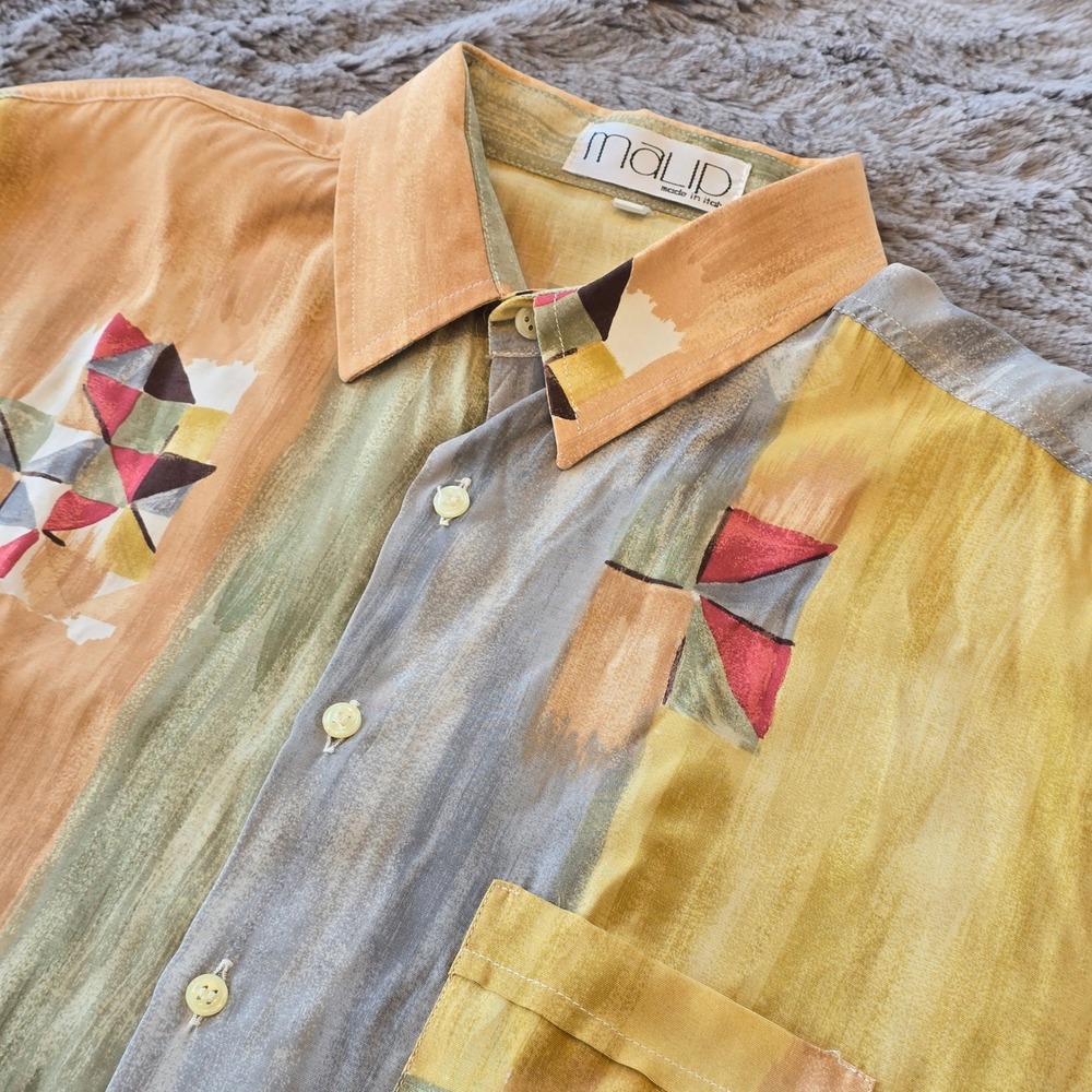 Maliparmi Italy Abstract‎ Geometric Print Viscose Button Down Shirt Yellow Sz 44